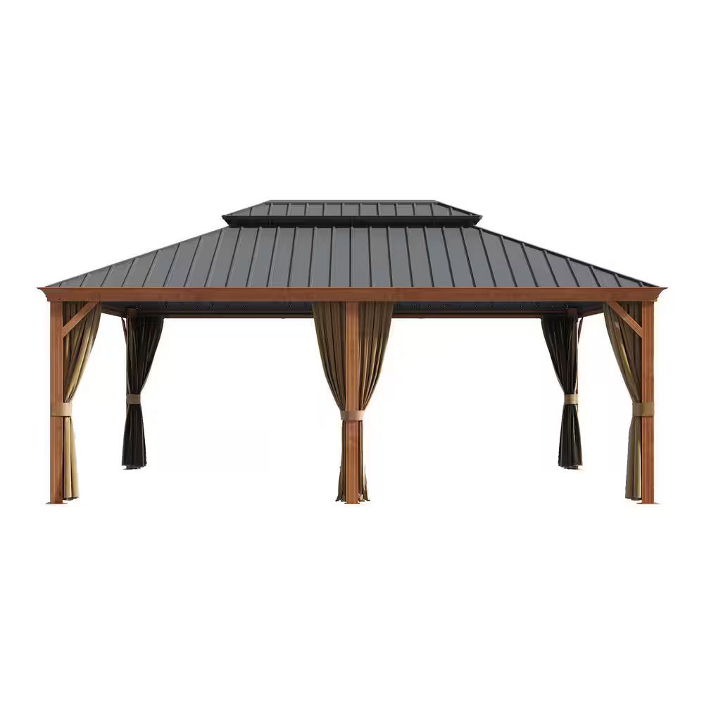 14 Ft. X 20 Ft. Double Galvanized Steel Roof Aluminum Frame Outdoor Patio Hardtop Gazebo Wooden Finish Coated