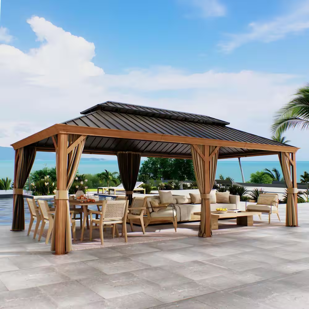 12 Ft. X 22 Ft. Double Galvanized Steel Roof Aluminum Frame Outdoor Patio Hardtop Gazebo Wooden Finish Coated