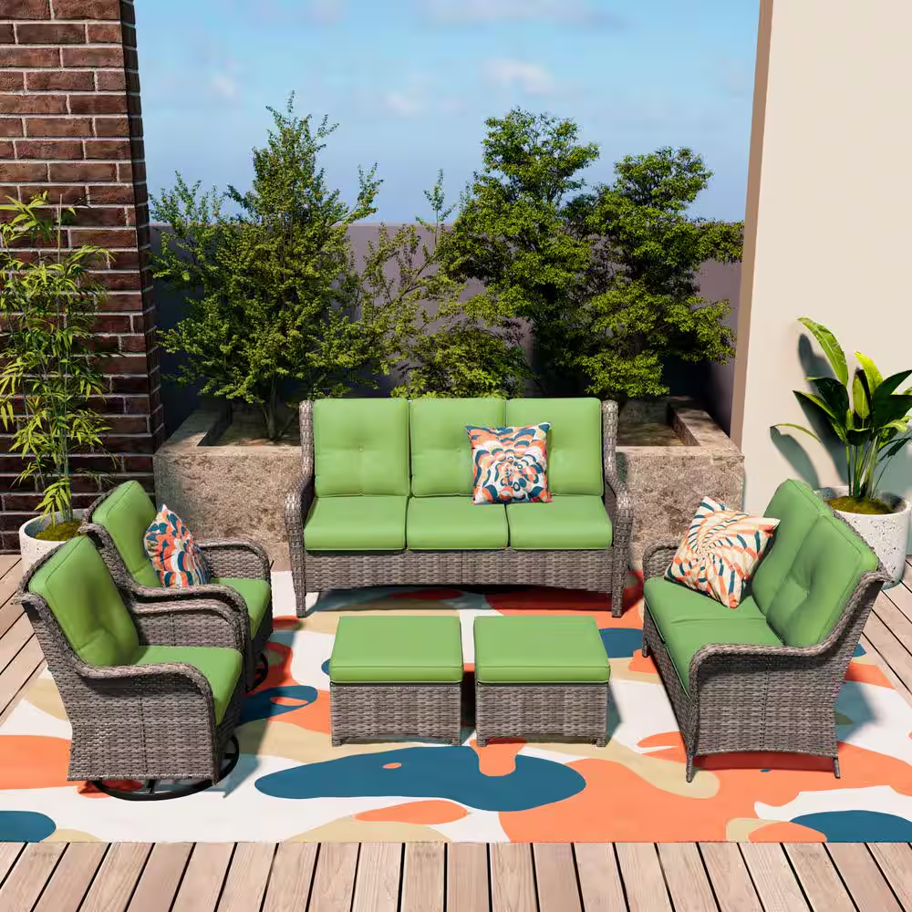 Patio Furniture Set 6-Piece Outdoor Patio Conversation Set with Green Cushions Lawn Furniture