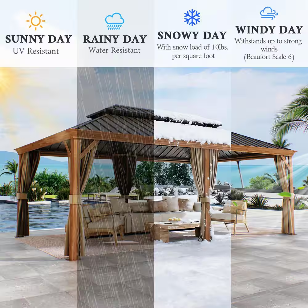12 Ft. X 22 Ft. Double Galvanized Steel Roof Aluminum Frame Outdoor Patio Hardtop Gazebo Wooden Finish Coated