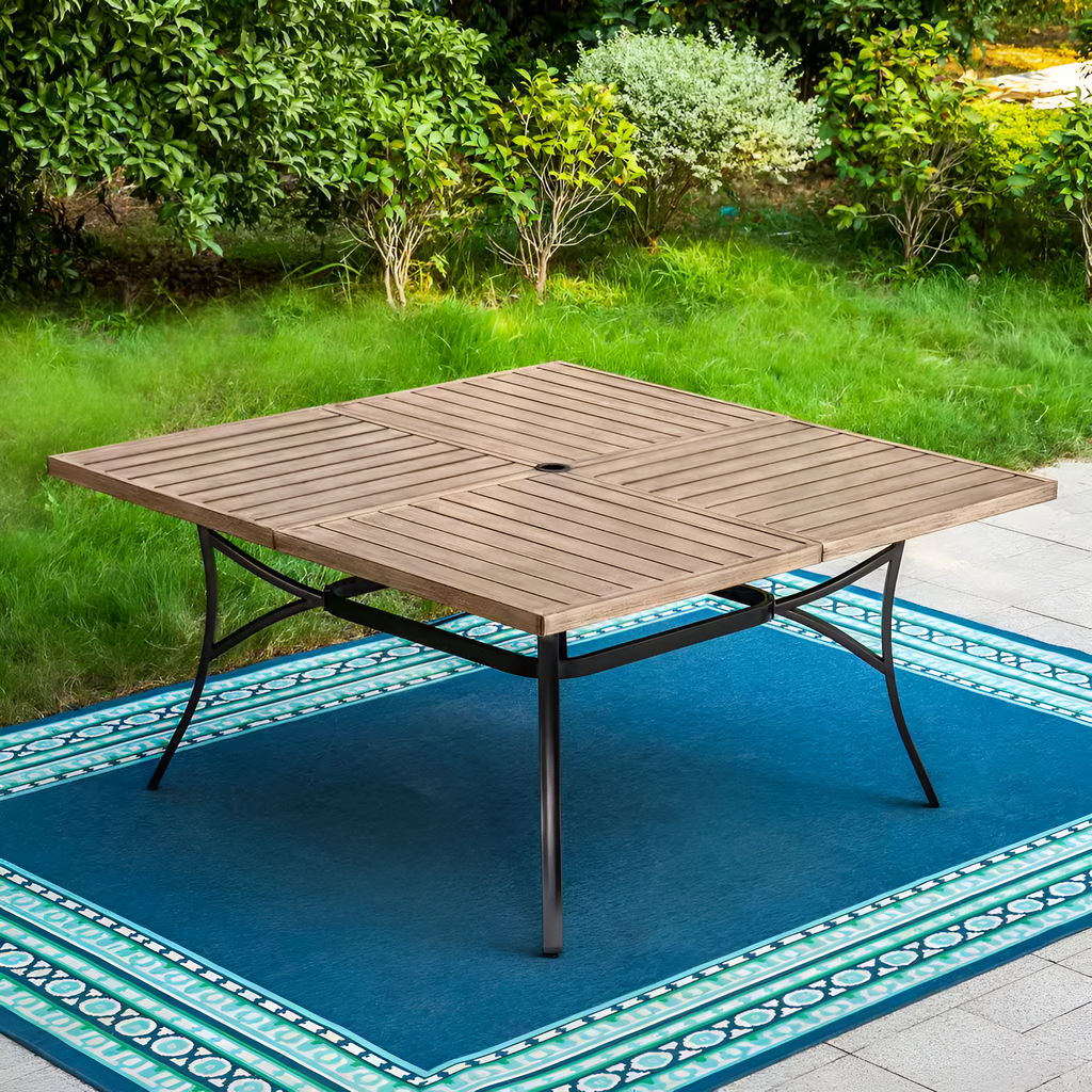 9-Piece Metal Outdoor Dining Set with Square Table and Swivel Chairs with Beige Cushions