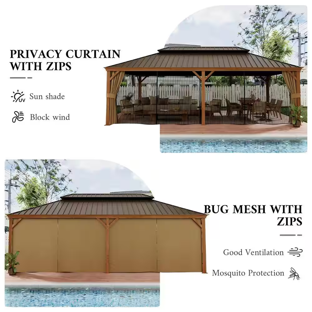 12 Ft. X 22 Ft. Double Galvanized Steel Roof Aluminum Frame Outdoor Patio Hardtop Gazebo Wooden Finish Coated