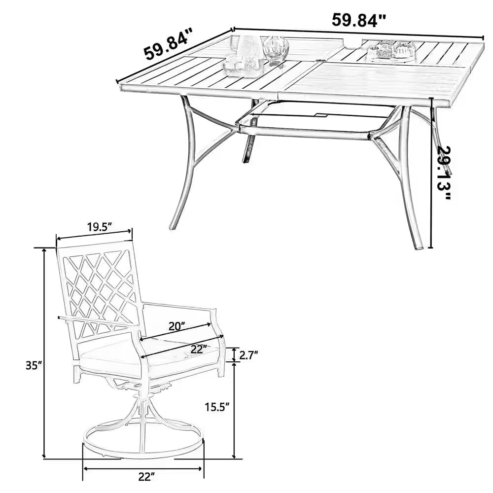 9-Piece Metal Outdoor Dining Set with Square Table and Swivel Chairs with Beige Cushions