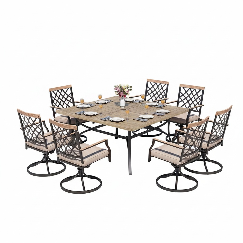 9-Piece Metal Outdoor Dining Set with Square Table and Swivel Chairs with Beige Cushions