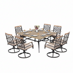 9-Piece Metal Outdoor Dining Set with Square Table and Swivel Chairs with Beige Cushions