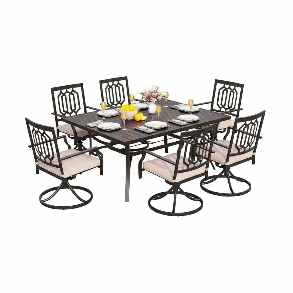 9-Piece Metal Square Outdoor Dining Set with Table and Swivel Chairs with Beige Cushions