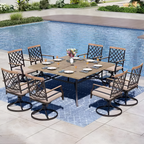 9-Piece Metal Outdoor Dining Set with Square Table and Swivel Chairs with Beige Cushions