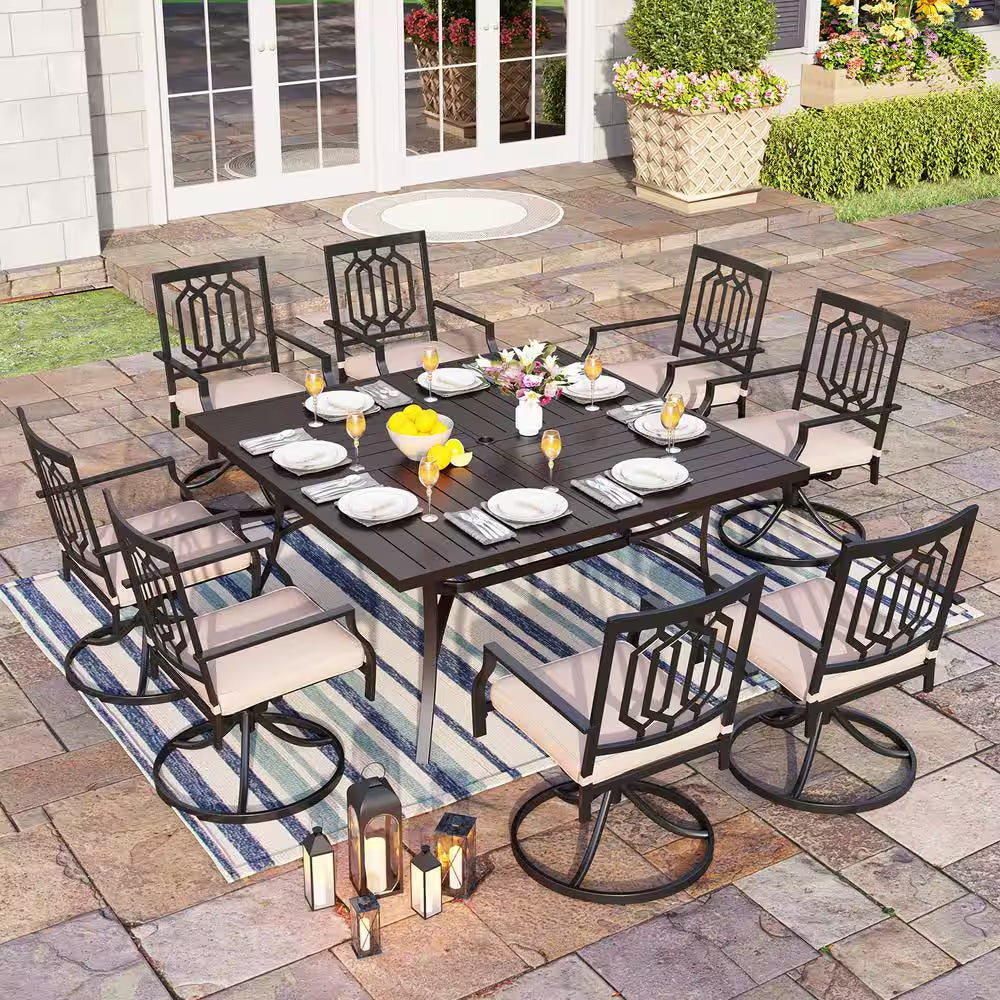 9-Piece Metal Square Outdoor Dining Set with Table and Swivel Chairs with Beige Cushions