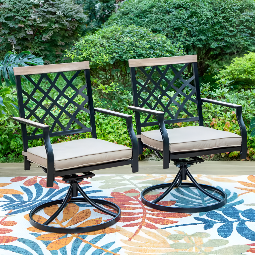 9-Piece Metal Outdoor Dining Set with Square Table and Swivel Chairs with Beige Cushions